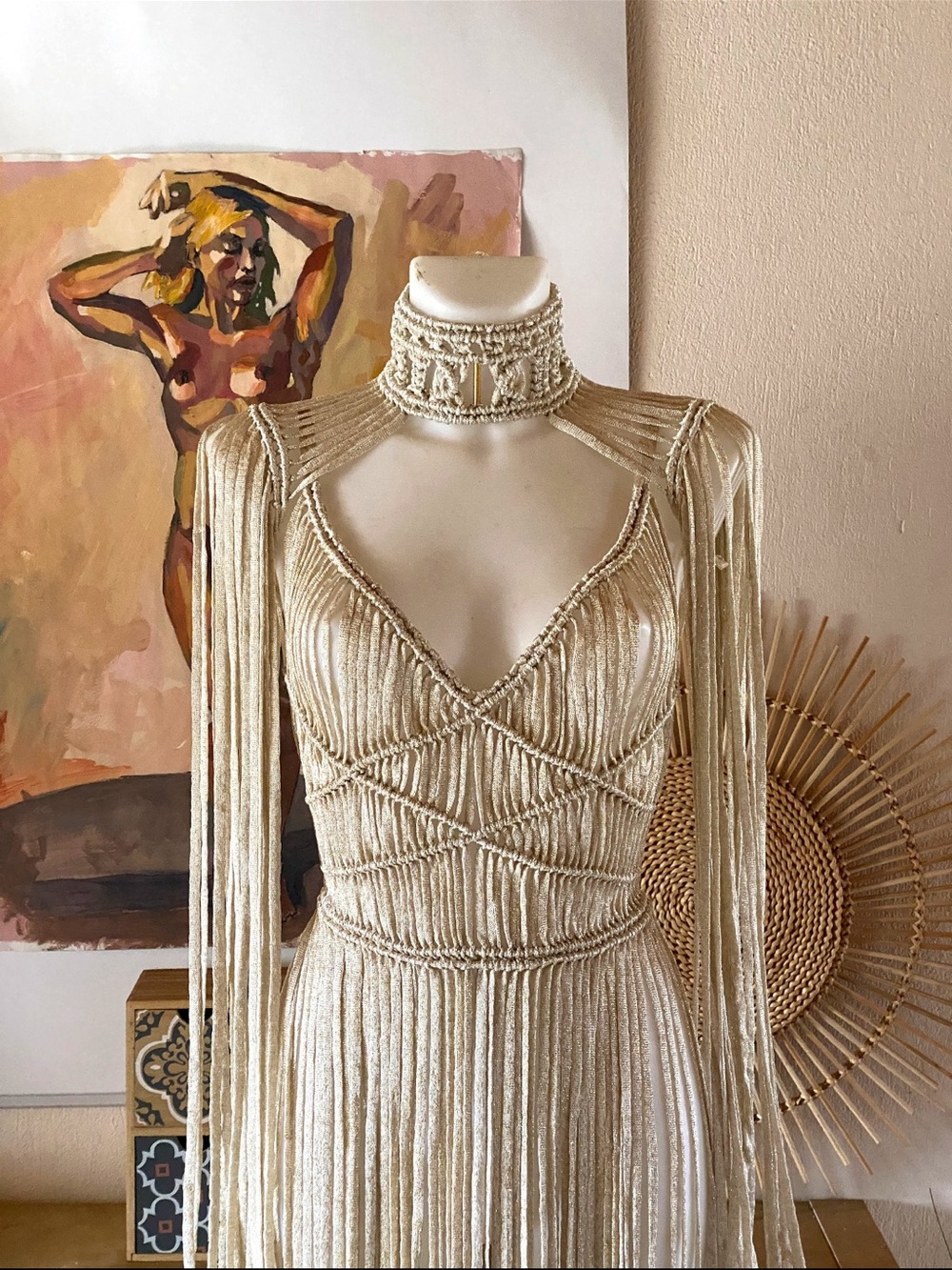 Custom Ivory Fringe V-Neck Dress with High Neck - Picture 3 of 9